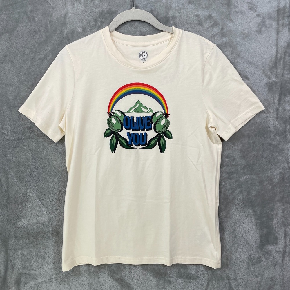 Tory Burch Olive You Rainbow Women's T-Shirt Size Small Cream Cotton Logo NWOT